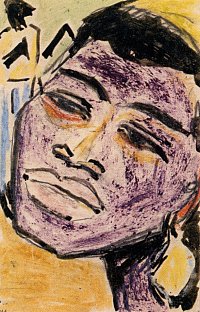 Ernst Ludwig Kirchner, Postkarte an 
Erich Heckel vom 15.05.1910 aus
Dangast bei Varel mit Zeichnung
Kopf einer Schwarzen Frau
1910, Bleistift, Tuschfeder und farbige 
Kreide, 14 x 9.8 cm
Stiftung Historische Museen Hamburg 
Altonaer Museum
